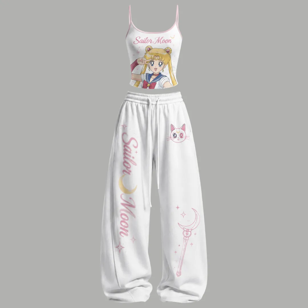 Sailor Moon Cami Crop Top and Wide Leg Trousers Two-Piece Set, Usagi and Artemis Pastel Print, Women's Anime Magical Girl Lounge Outfit