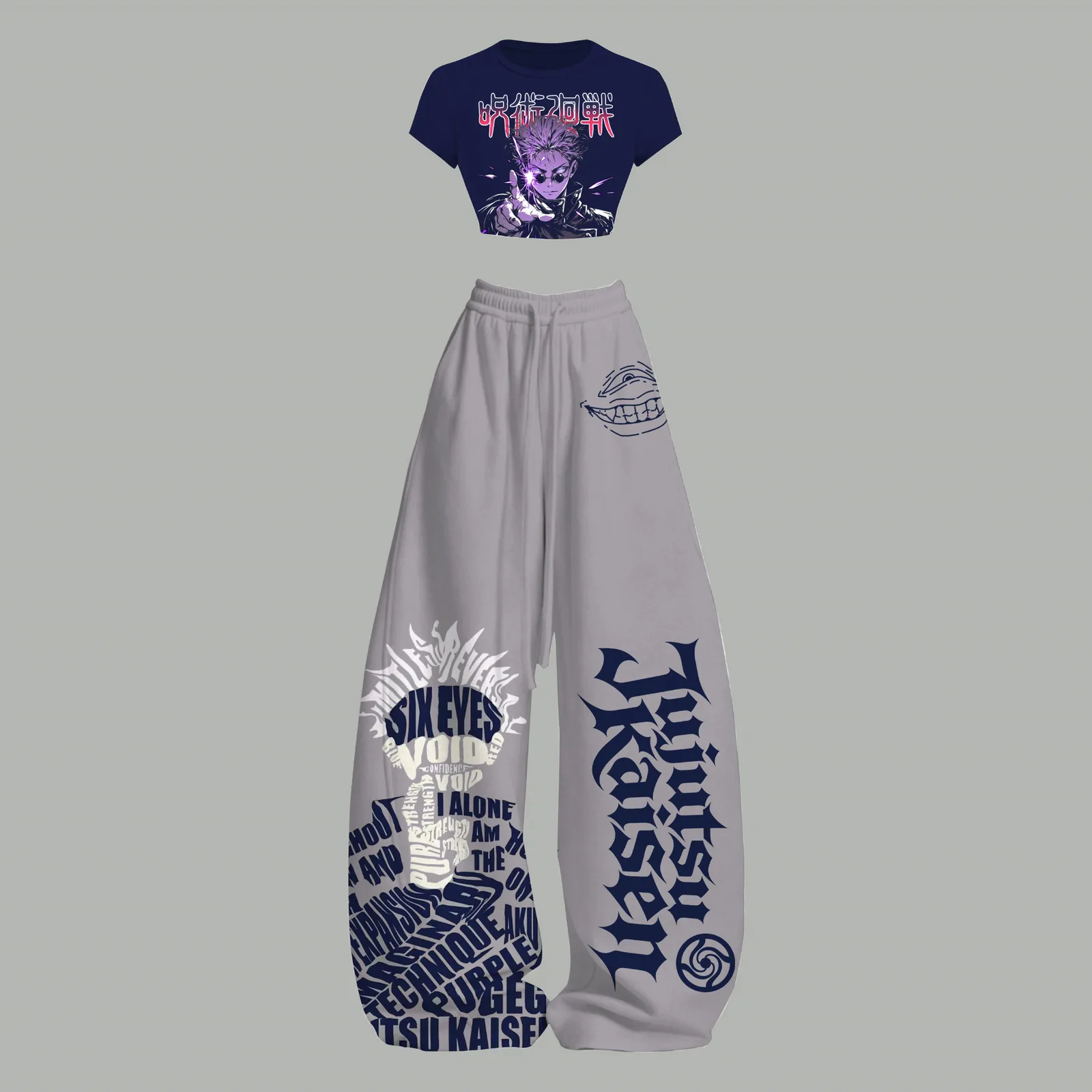 Jujutsu Kaisen Gojo Satoru Six Eyes Crop Tee and Wide Leg Trousers Two-Piece Set, Women's Navy and Grey Anime Lounge Outfit, Hollow Purple Set