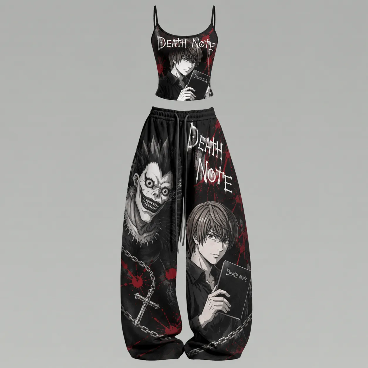 Death Note Light Yagami Ryuk Cami Crop Top and Wide Leg Trousers Two-Piece Set, Women's Black Red Anime Lounge Outfit, Kira Shinigami Fan Gift