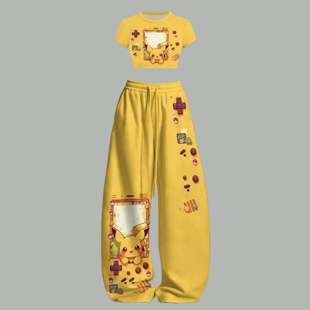 Pokémon Pikachu Retro Game Console Crop Tee and Wide Leg Trousers Two-Piece Set, Women's Yellow Gamer Matching Lounge Outfit, Fan Gift