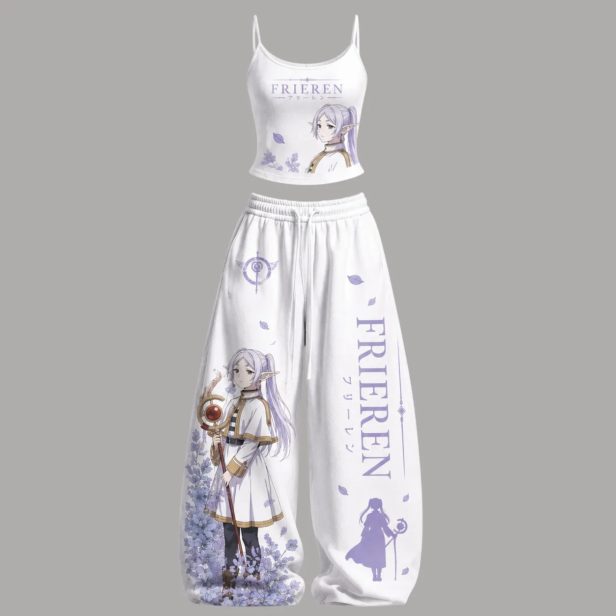 Frieren Beyond Journey's End Cami Crop Top and Wide Leg Trousers Two-Piece Set, Women's White and Lavender Anime Lounge Outfit, Elf Mage Fan Gift