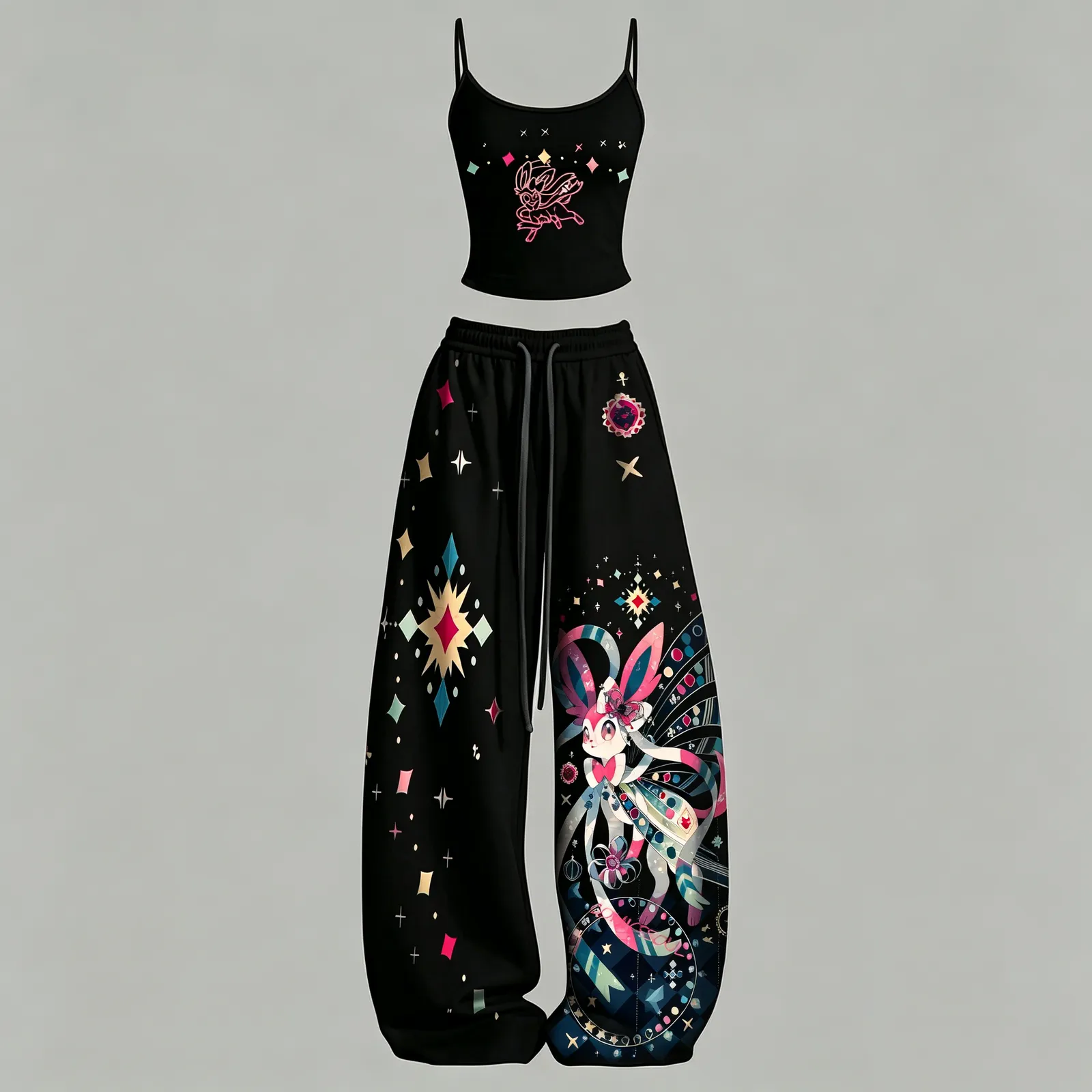Pokémon Sylveon Ribbon Fairy Cami Crop Top and Wide Leg Trousers Two-Piece Set, Black Pink Geometric Star Lounge Outfit, Women's Anime Co-ord