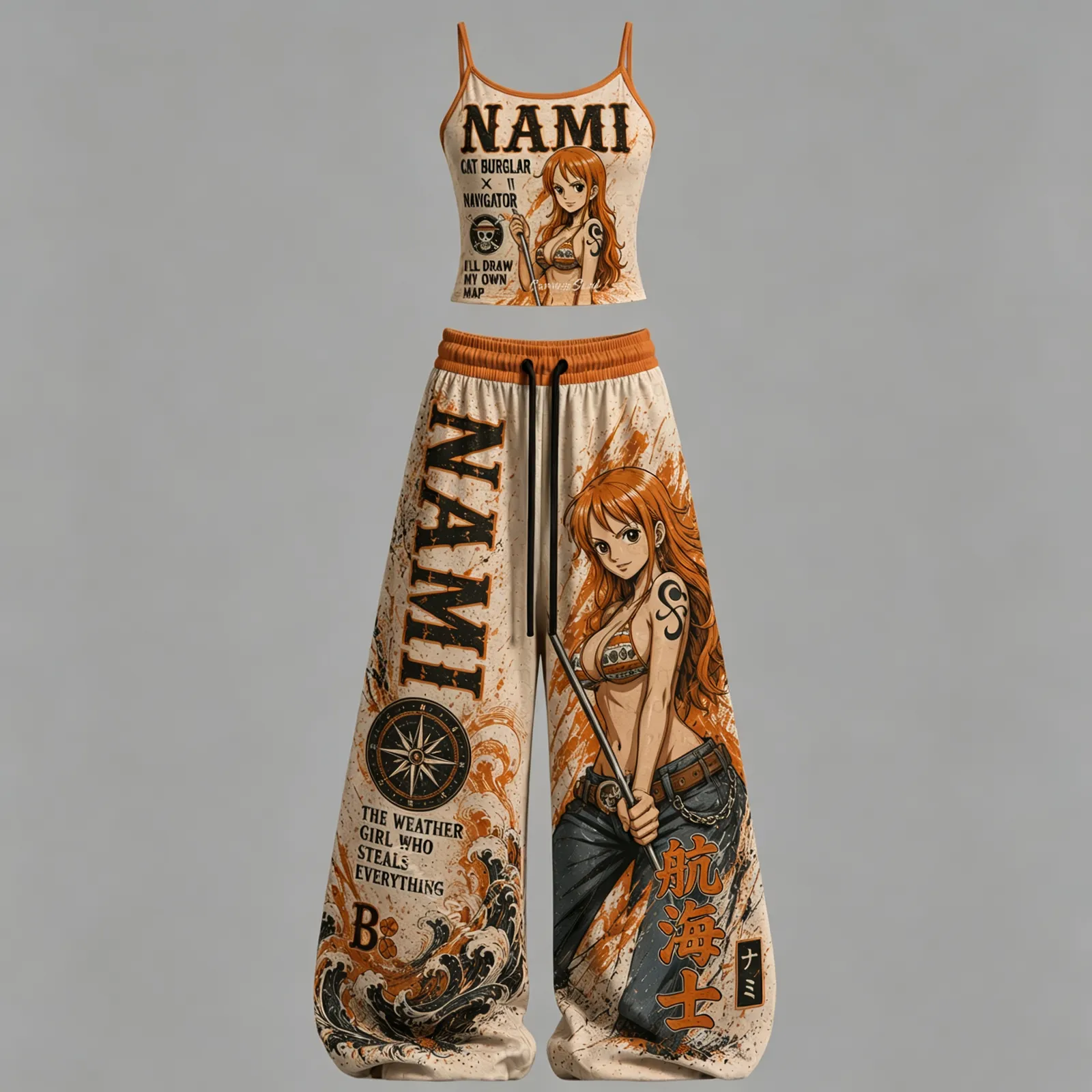 One Piece Nami Cat Burglar Navigator Cami Crop Top and Wide Leg Trousers Two-Piece Set, Women's Orange Anime Lounge Outfit, Straw Hat Pirates Set