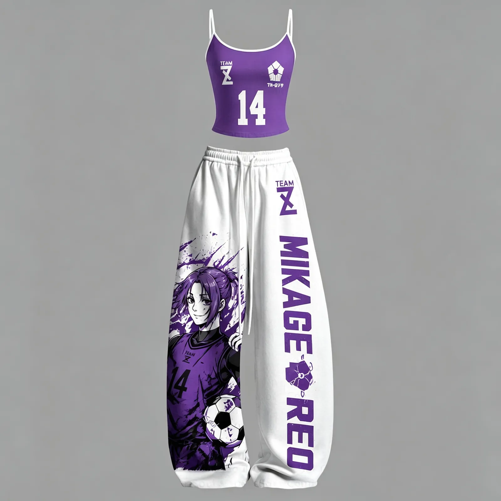 Blue Lock Mikage Reo Team Z 14 Cami Crop Top and Wide Leg Trousers Two-Piece Set, Women's Purple and White Anime Lounge Outfit, Soccer Jersey Set
