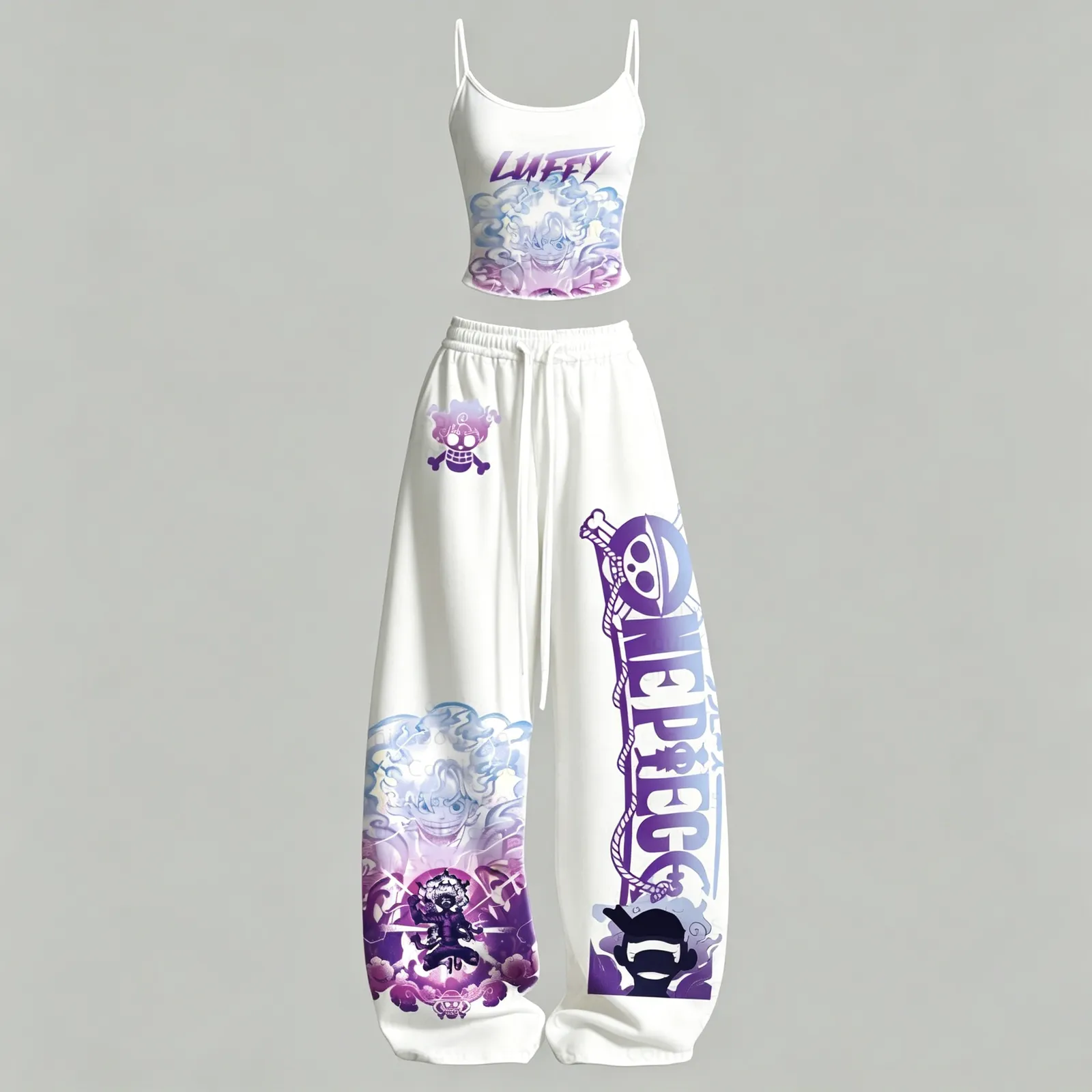 One Piece Luffy Gear 5 Cami Crop Top and Wide Leg Trousers Two-Piece Set, Women's White and Purple Anime Lounge Outfit, Sun God Nika Matching Set