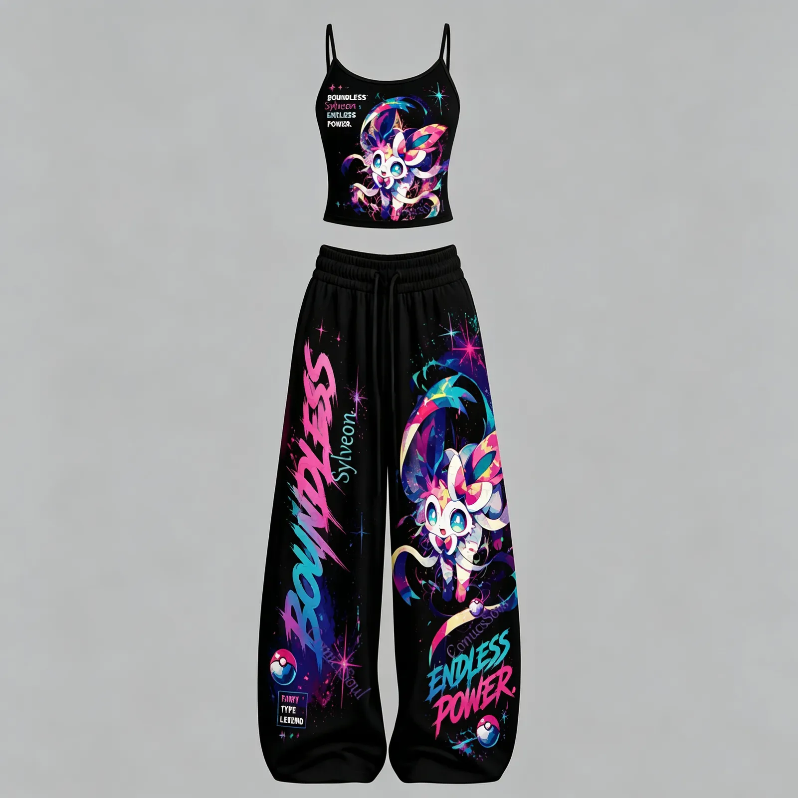 Pokémon Sylveon Boundless Endless Power Cami Crop Top and Elasticated Wide Leg Trousers Two-Piece Set, Women's Black Neon Fairy Type Outfit