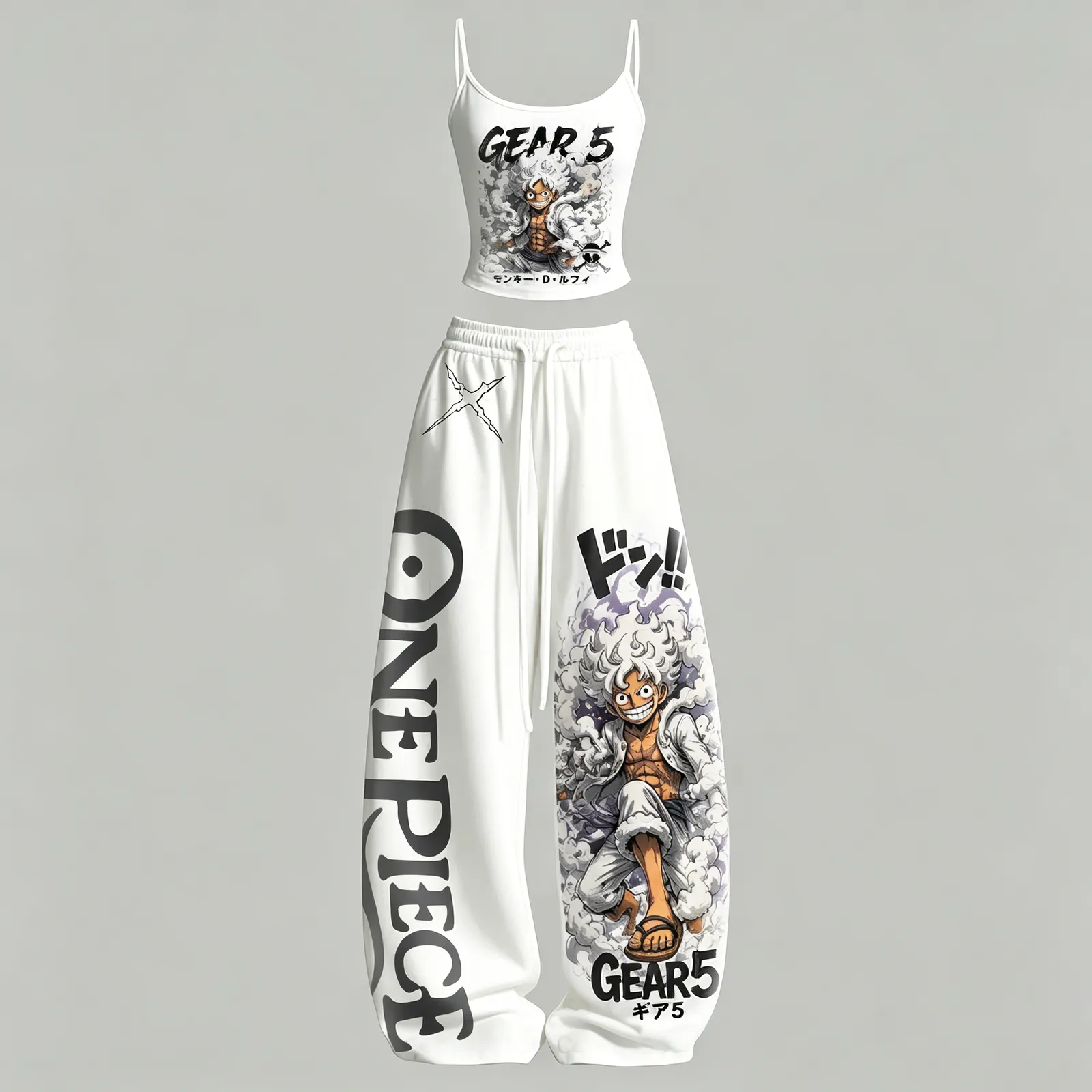 One Piece Monkey D. Luffy Gear 5 Cami Crop Top and Wide Leg Trousers Two-Piece Set, White Black Manga Style Anime Lounge Outfit, Women's Co-ord