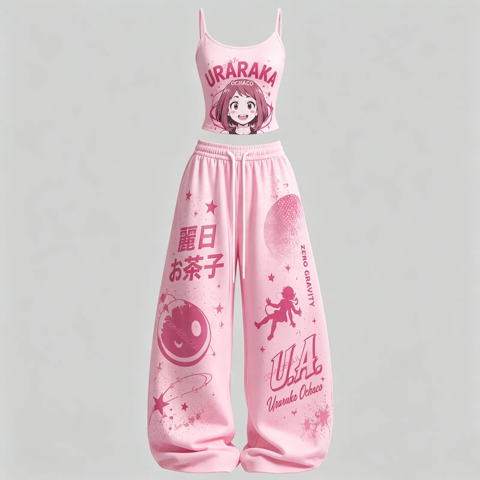 My Hero Academia Uraraka Ochaco Cami Crop Top and Wide Leg Trousers Two-Piece Set, Women's Pink Zero Gravity Anime Lounge Outfit, Matching Set