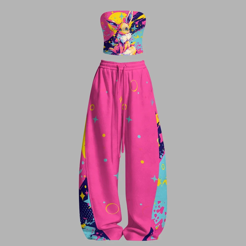 Pokémon Eevee Neon Strapless Tube Top and Elasticated Trousers Two-Piece Set, Women's Tight Casual Hot Pink Anime Lounge Outfit, Pokemon Set