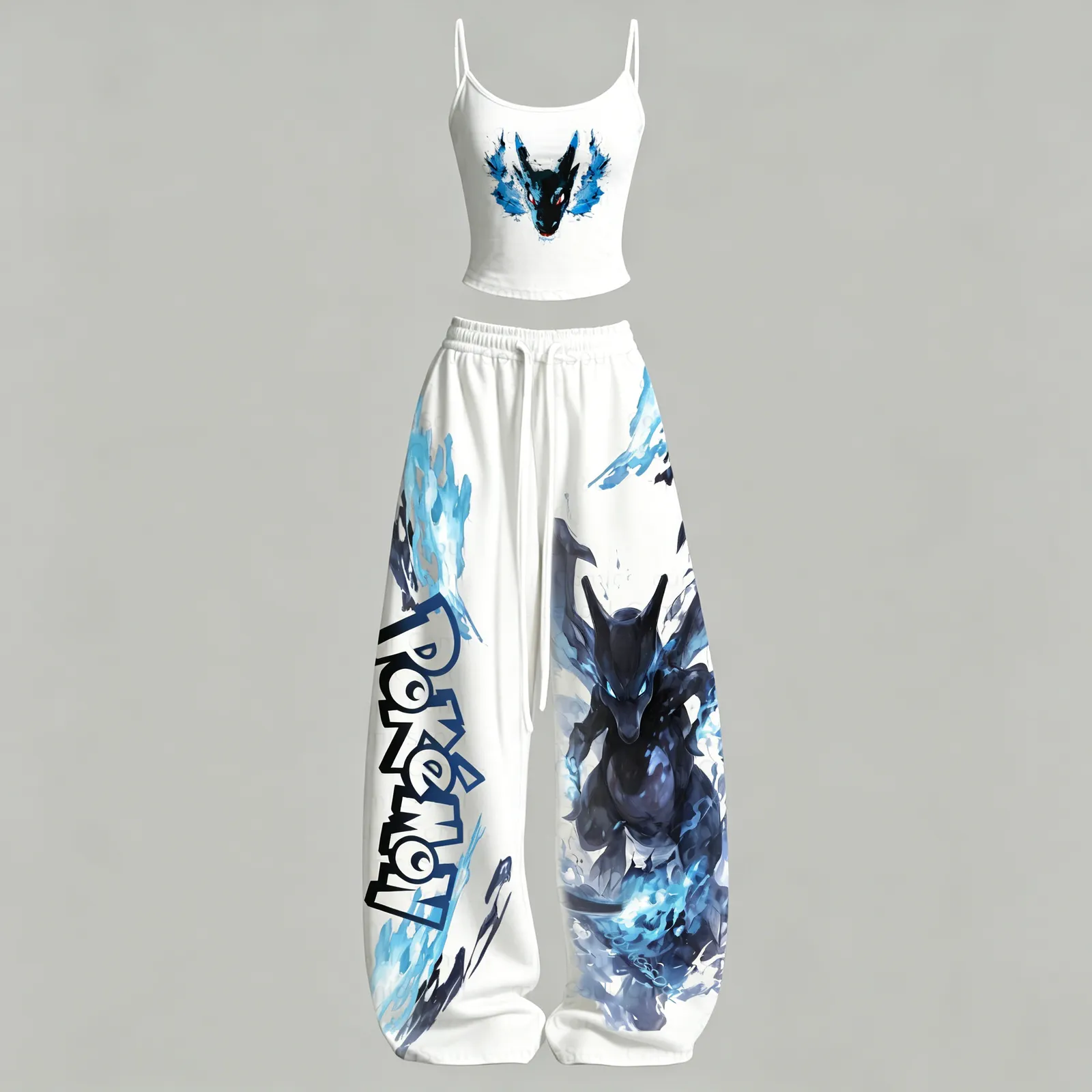 Pokémon Mega Charizard X Cami Crop Top and Wide Leg Trousers Two-Piece Set, Women's White and Blue Anime Lounge Outfit, Blue Flame Dragon Set