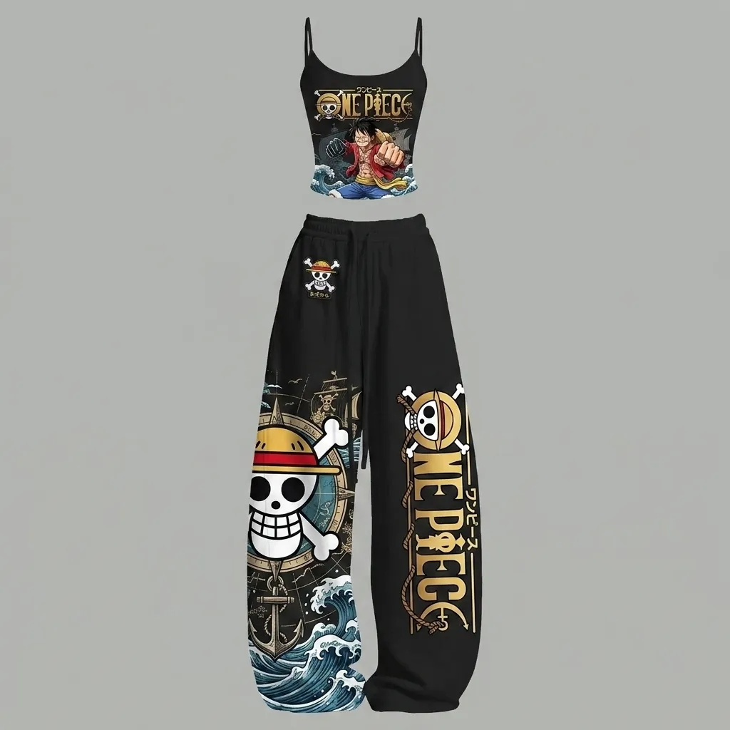 One Piece Luffy Cami Crop Top and Wide Leg Trousers Two-Piece Set, Women's Straw Hat Jolly Roger Lounge Outfit, Anime Matching Set