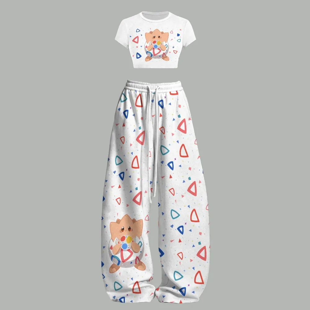 Pokémon Togepi Crop Tee and Elasticated Wide Leg Trousers Two-Piece Set, Women's White Confetti Triangle Print Pajama Style Lounge Outfit