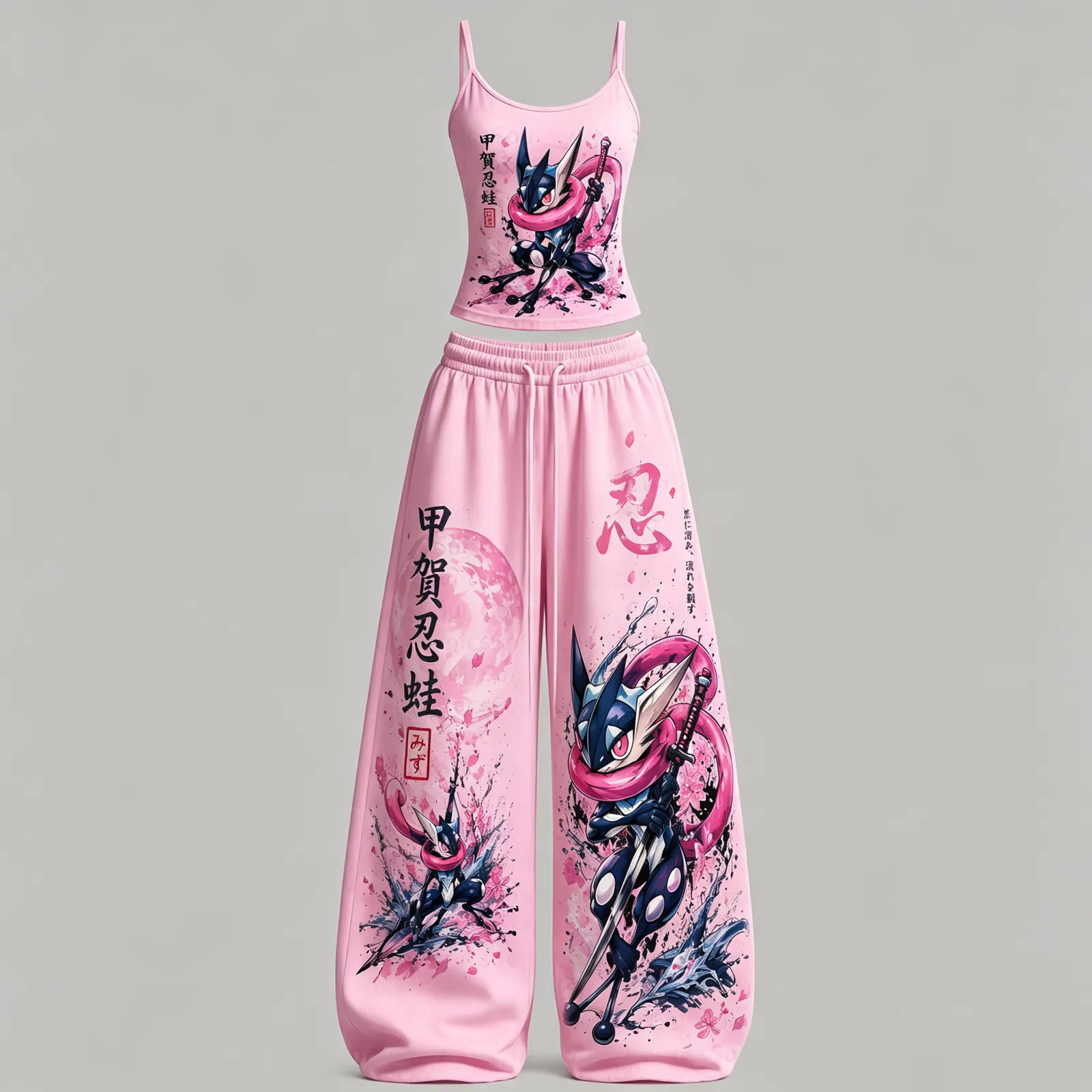 Pokémon Greninja Ninja Frog Cami Crop Top and Pink Wide Leg Trousers Set, Women's Two-Piece Lounge Outfit, Sakura Ink Painting Anime Set