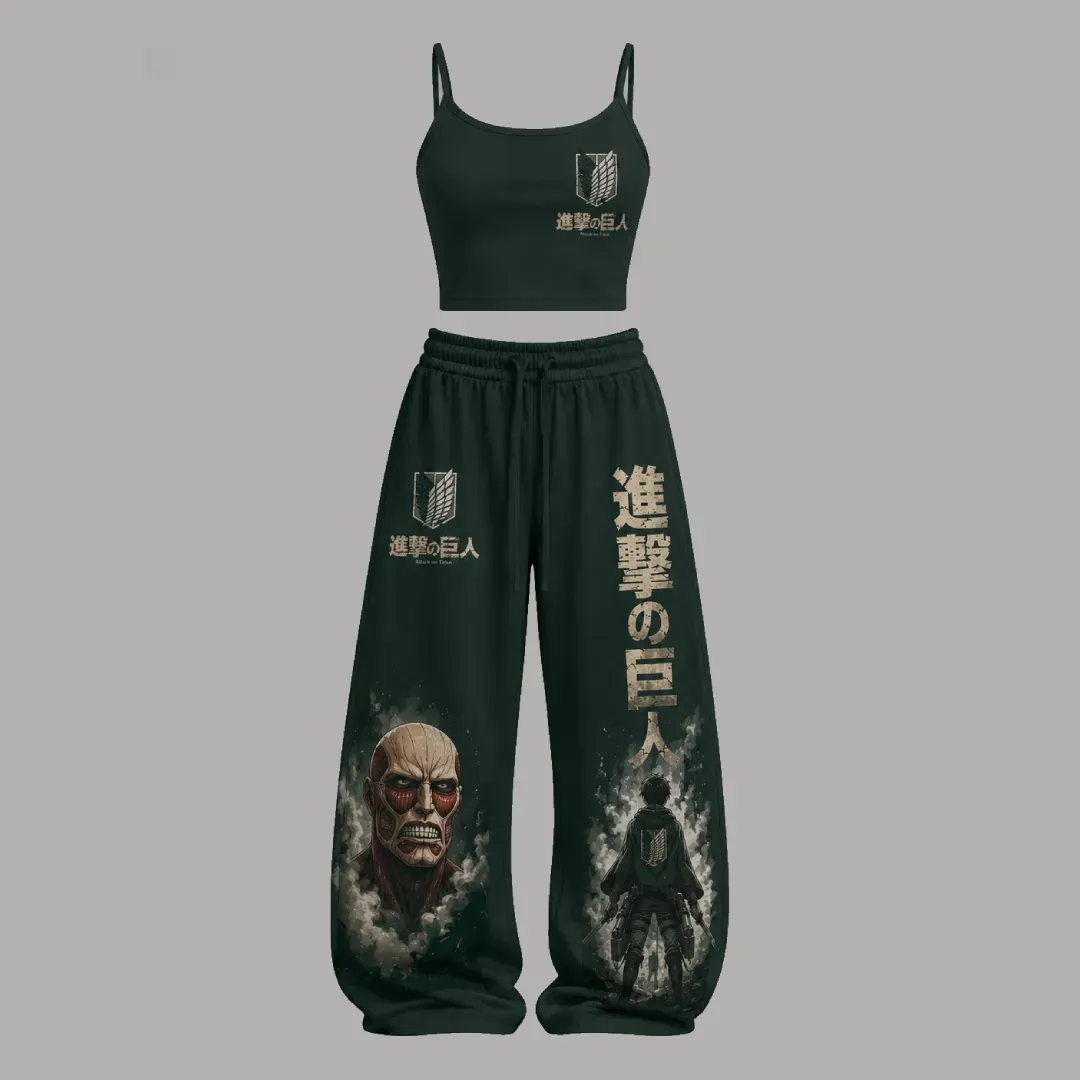 Attack on Titan Survey Corps Wings of Freedom Cami Crop Top and Wide Leg Trousers Two-Piece Set, Dark Green Anime Lounge Outfit, Women's Co-ord