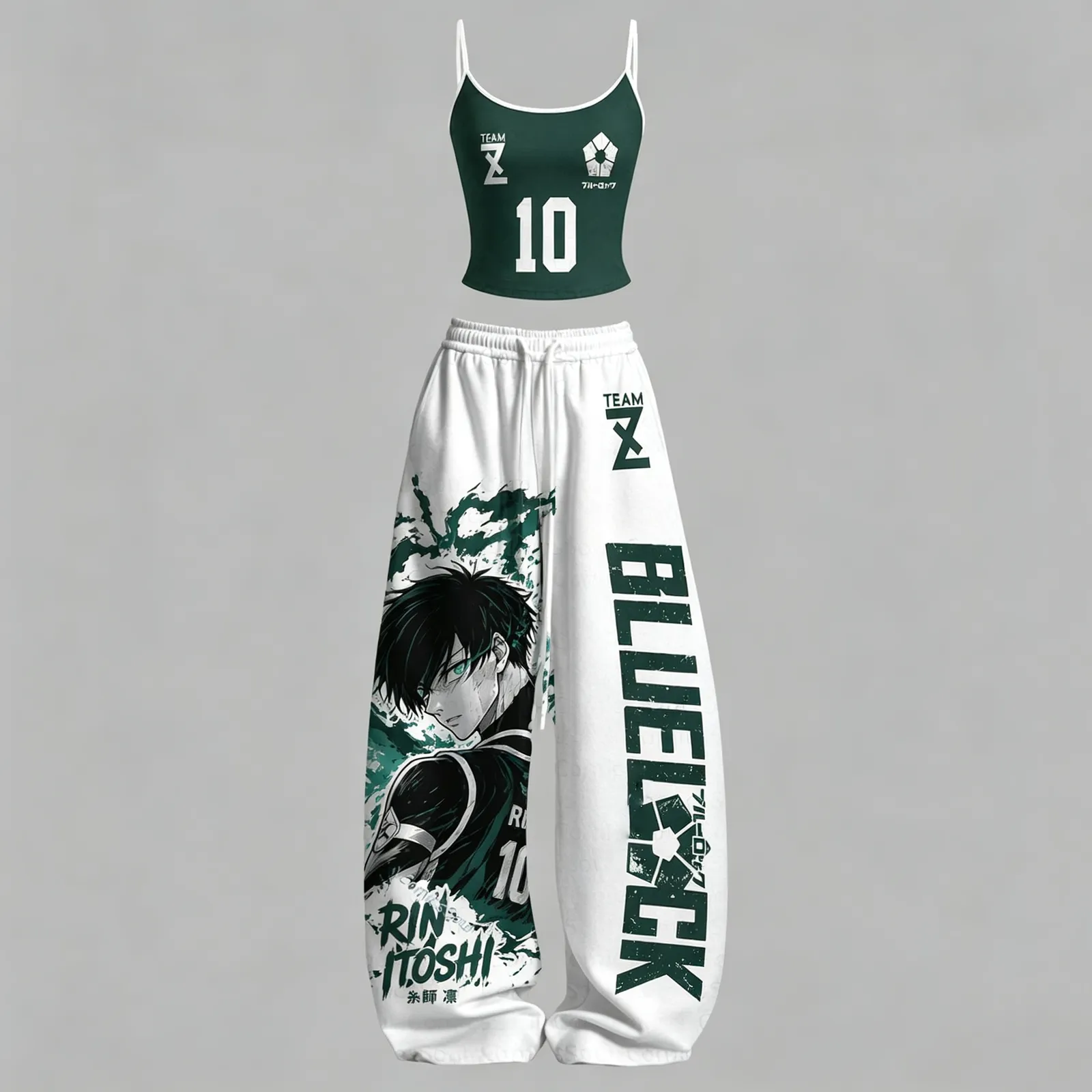 Blue Lock Rin Itoshi Cami Crop Top and Wide Leg Trousers Two-Piece Set, Women's Green Team Z 10 Soccer Anime Lounge Outfit, Matching Set