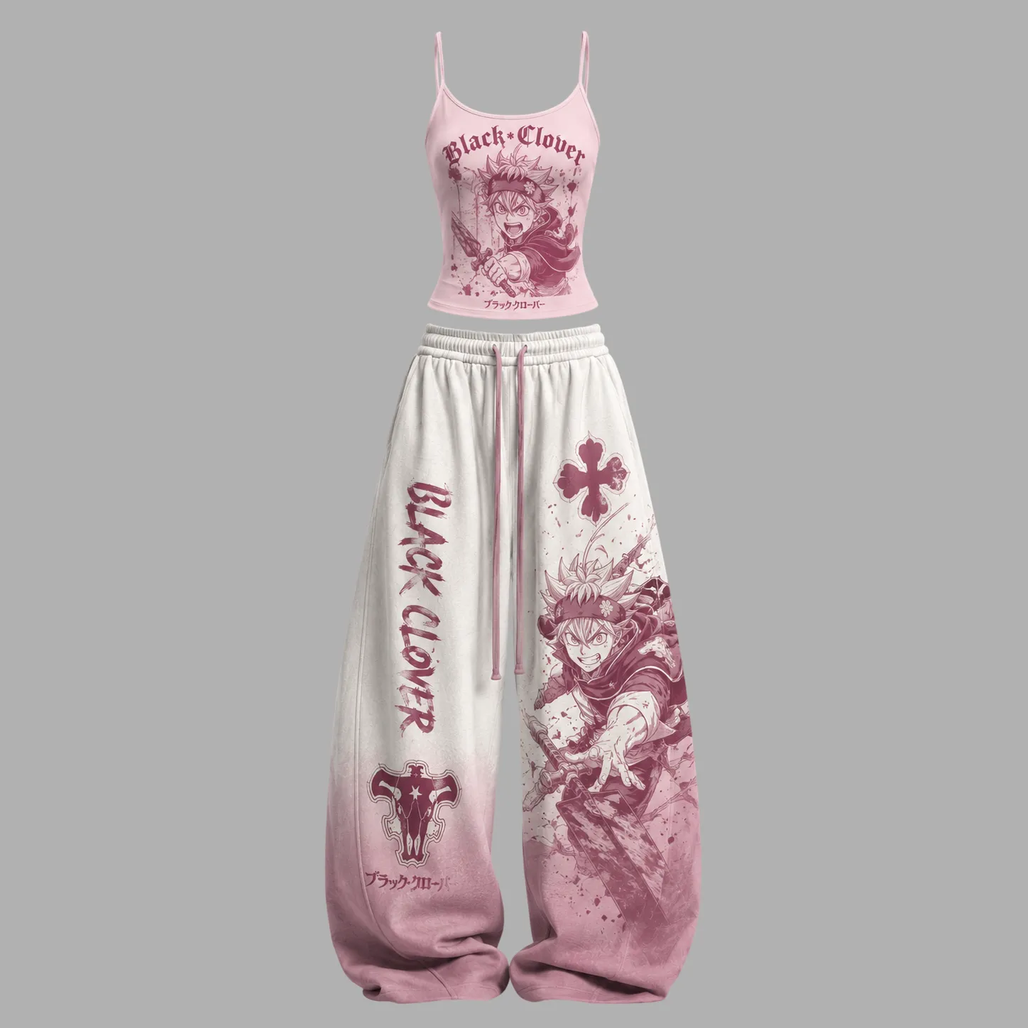 Black Clover Asta Cami Crop Top and Wide Leg Trousers Two-Piece Set, Women's Pink Ombre Black Bulls Lounge Outfit, Anime Matching Set