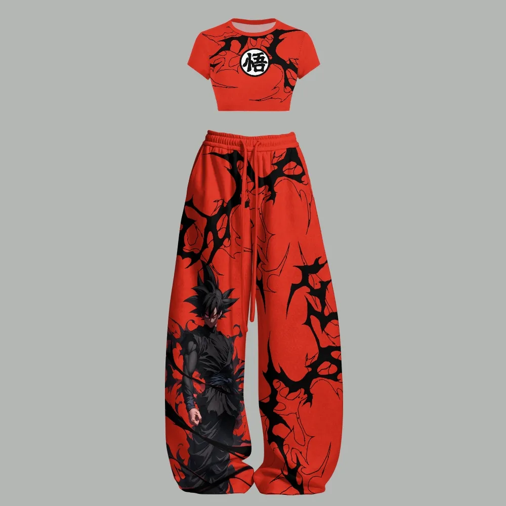 Dragon Ball Goku Kanji Crop Tee and Elasticated Wide Leg Trousers Two-Piece Set, Women's Red and Black Saiyan Dark Aura Anime Lounge Outfit