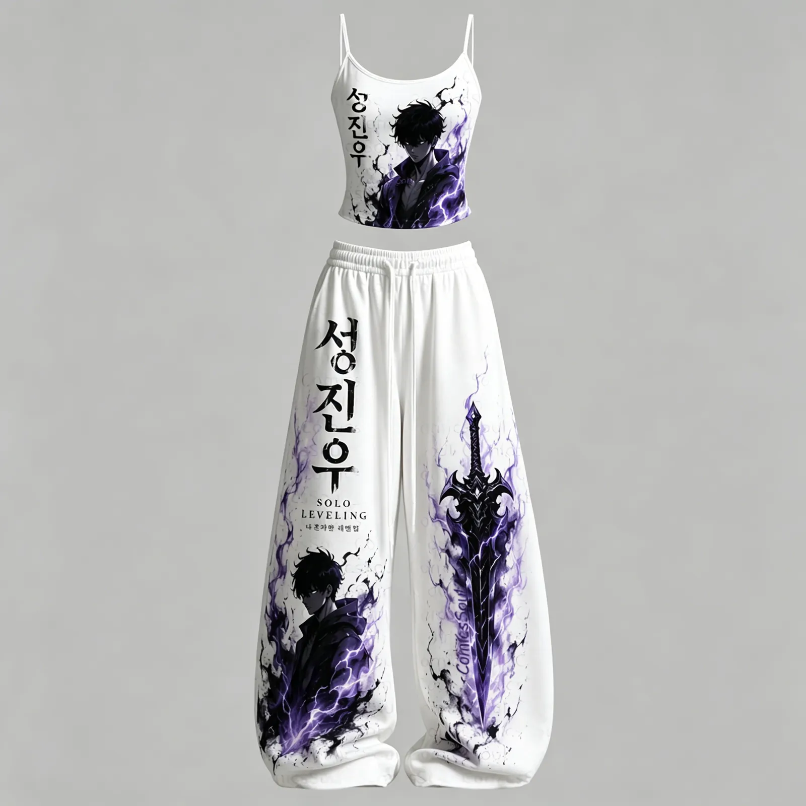 Solo Leveling Sung Jinwoo Cami Crop Top and Wide Leg Trousers Two-Piece Set, Women's White and Purple Shadow Monarch Lounge Outfit, Matching Set