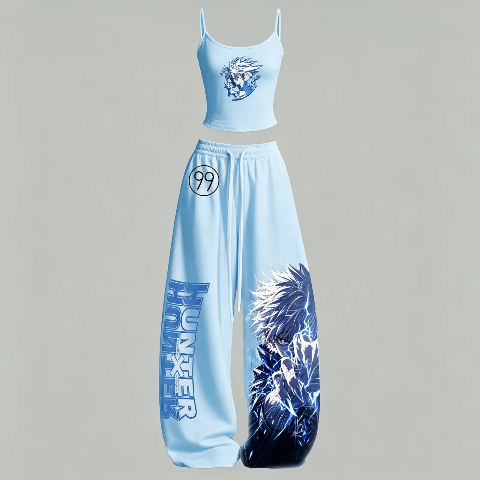 Hunter x Hunter Killua Zoldyck Cami Top and Elasticated Trousers Two-Piece Set, Women's Light Blue Lightning Anime Lounge Outfit, HxH Set