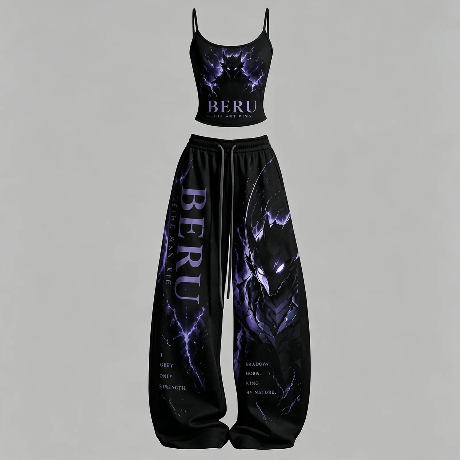 Solo Leveling Beru the Ant King Cami Crop Top and Wide Leg Trousers Set, Women's Two-Piece Lounge Outfit, Shadow Monarch Purple Lightning Set