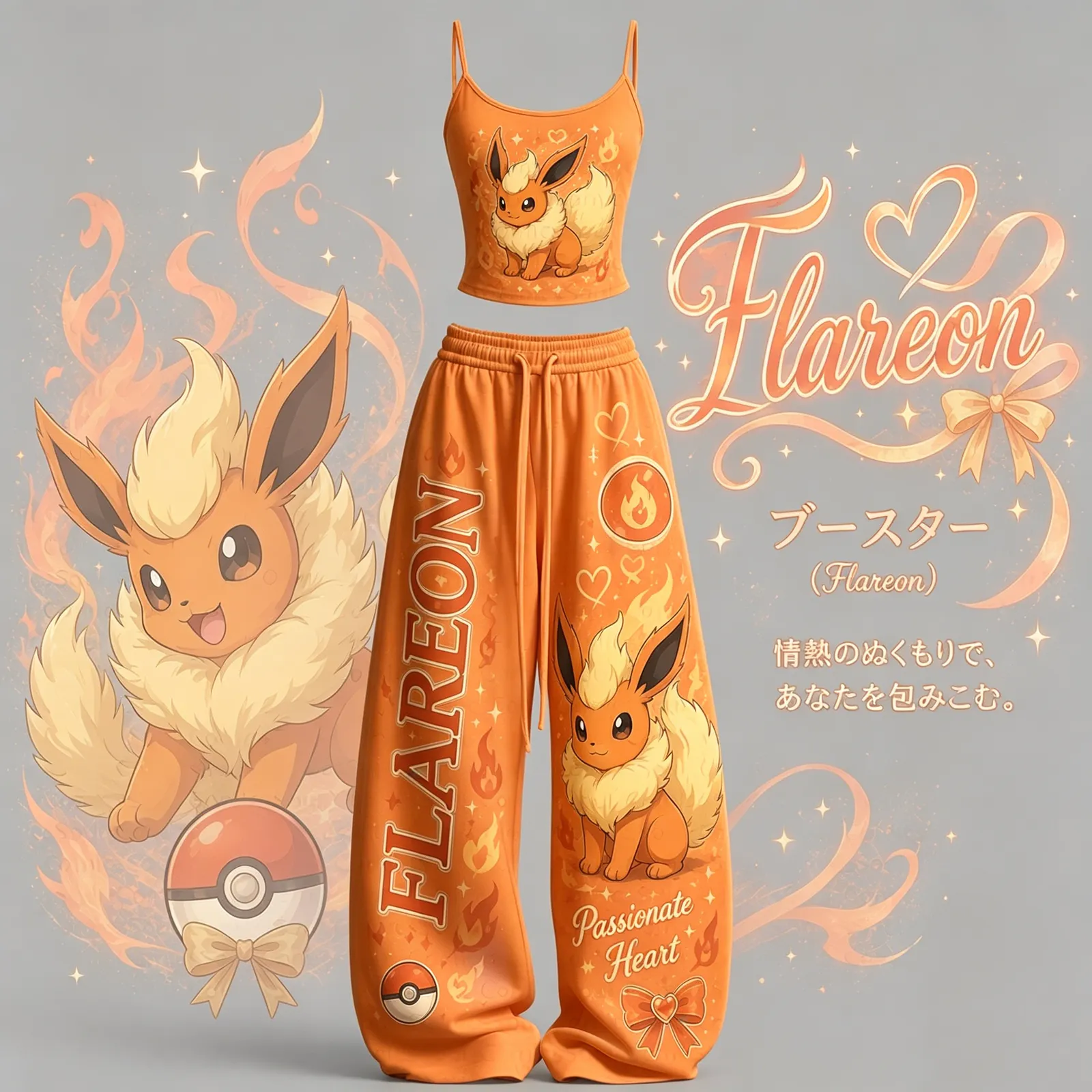 Pokémon Flareon Cami Crop Top and Wide Leg Trousers Two-Piece Set, Women's Orange Anime Lounge Outfit, Passionate Heart Fire Type Matching Set