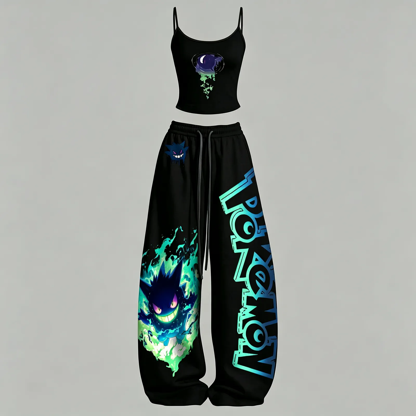 Pokémon Gengar Green Flame Cami Crop Top and Wide Leg Trousers Two-Piece Set, Black Teal Glow Ghost Type Lounge Outfit, Women's Anime Co-ord