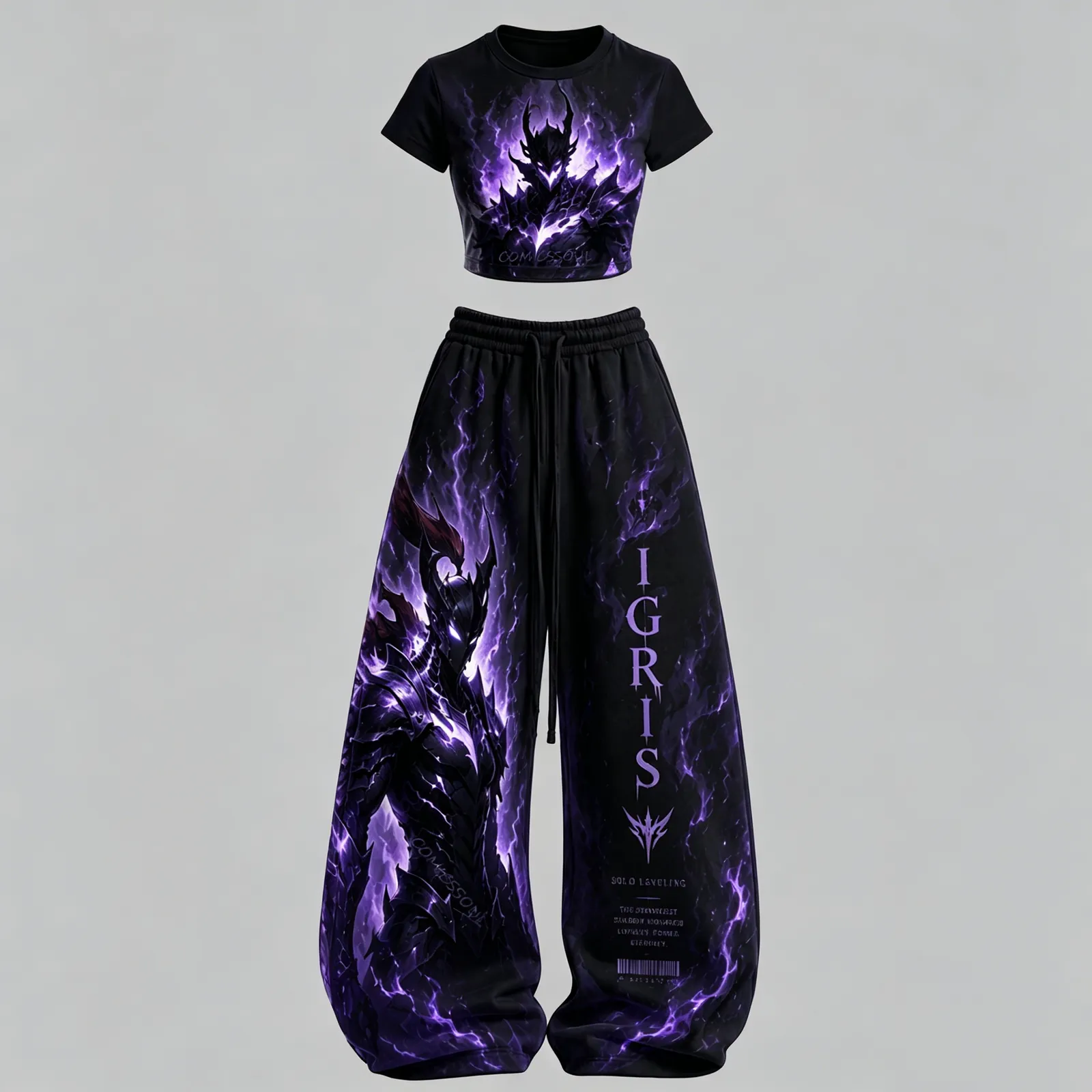 Solo Leveling Igris Crop Tee and Wide Leg Trousers Two-Piece Set, Women's Black Purple Shadow Knight Anime Lounge Outfit, Sung Jinwoo Fan Gift