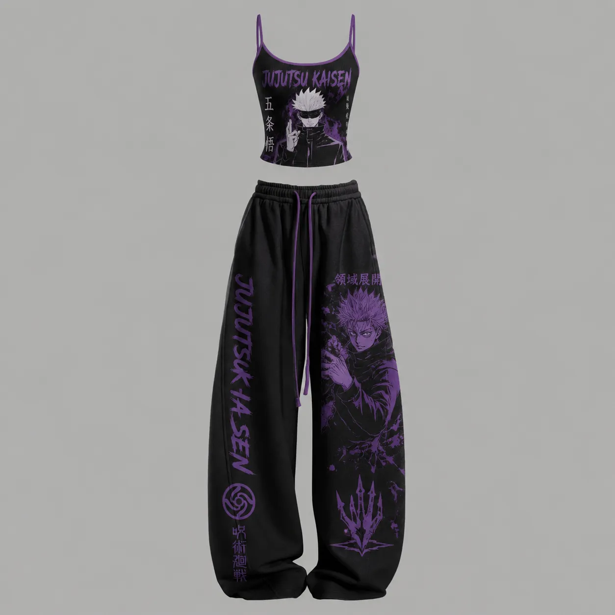 Jujutsu Kaisen Satoru Gojo and Yuji Itadori Cami Crop Top and Elasticated Wide Leg Trousers Two-Piece Set, Women's Black and Purple Anime Outfit