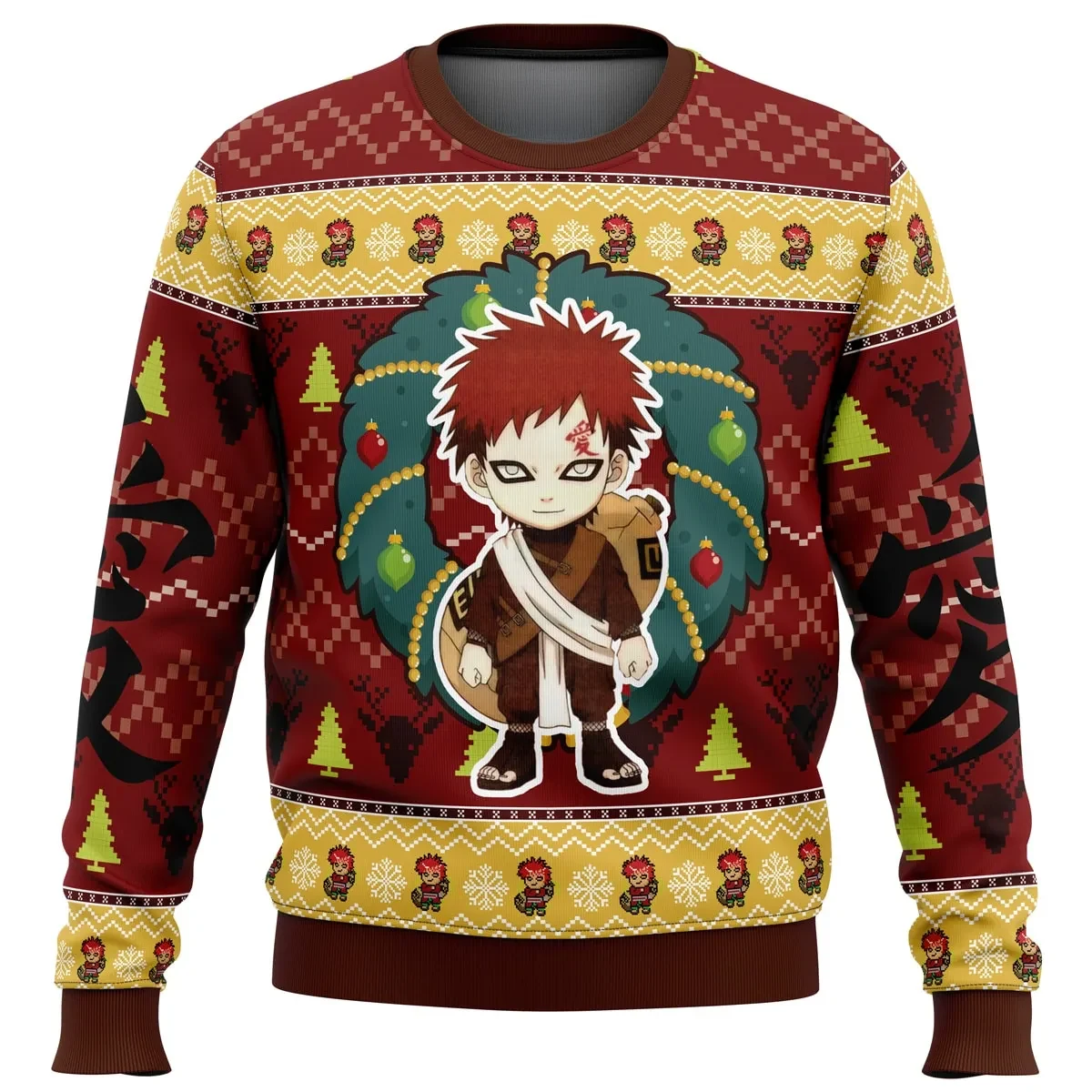 Chibi Gaara Naruto Shippuden Ugly Christmas Sweater, Naruto Holiday Sweater with Wreath and Gourd, Anime Xmas Gift, Unisex Pullover