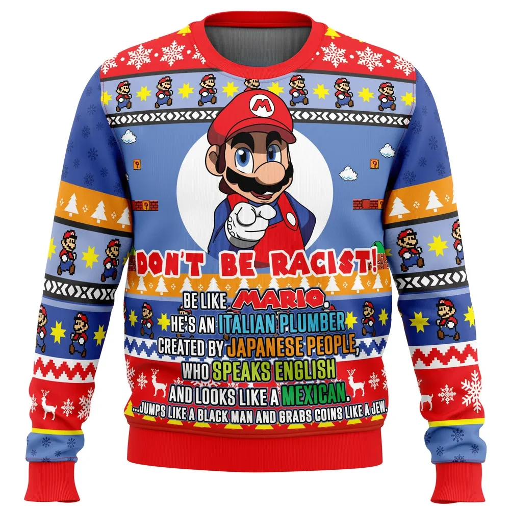 Don't Be Racist Be Like Mario Super Mario Bros Ugly Christmas Sweater, Funny Mario Gamer Holiday Sweater, Unisex Xmas Jumper