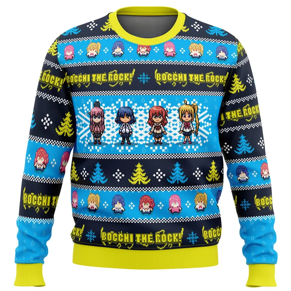 Bocchi the Rock Ugly Christmas Sweater, Kessoku Band Hitori Ryo Ikuyo Nijika Pixel Art Holiday Sweater, Anime Xmas Gift for Fans