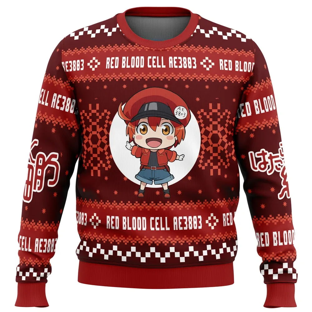 Red Blood Cell AE3803 Cells at Work Ugly Christmas Sweater, Hataraku Saibou Holiday Sweater, Unisex All Over Print Sweatshirt, Anime Xmas Gift