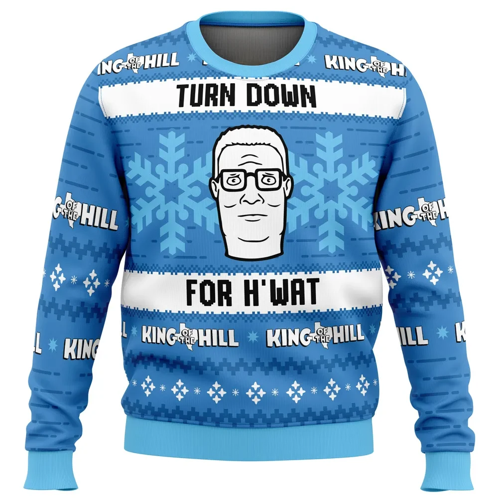 Turn Down for H'wat Hank Hill King of the Hill Ugly Christmas Sweater, Funny Cartoon Holiday Sweater, Unisex All Over Print Xmas Sweater
