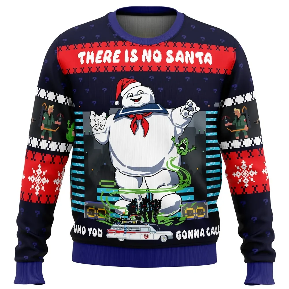There Is No Santa Ghostbusters Ugly Christmas Sweater, Stay Puft Marshmallow Man Movie Holiday Sweater, Unisex All Over Print Xmas Jumper
