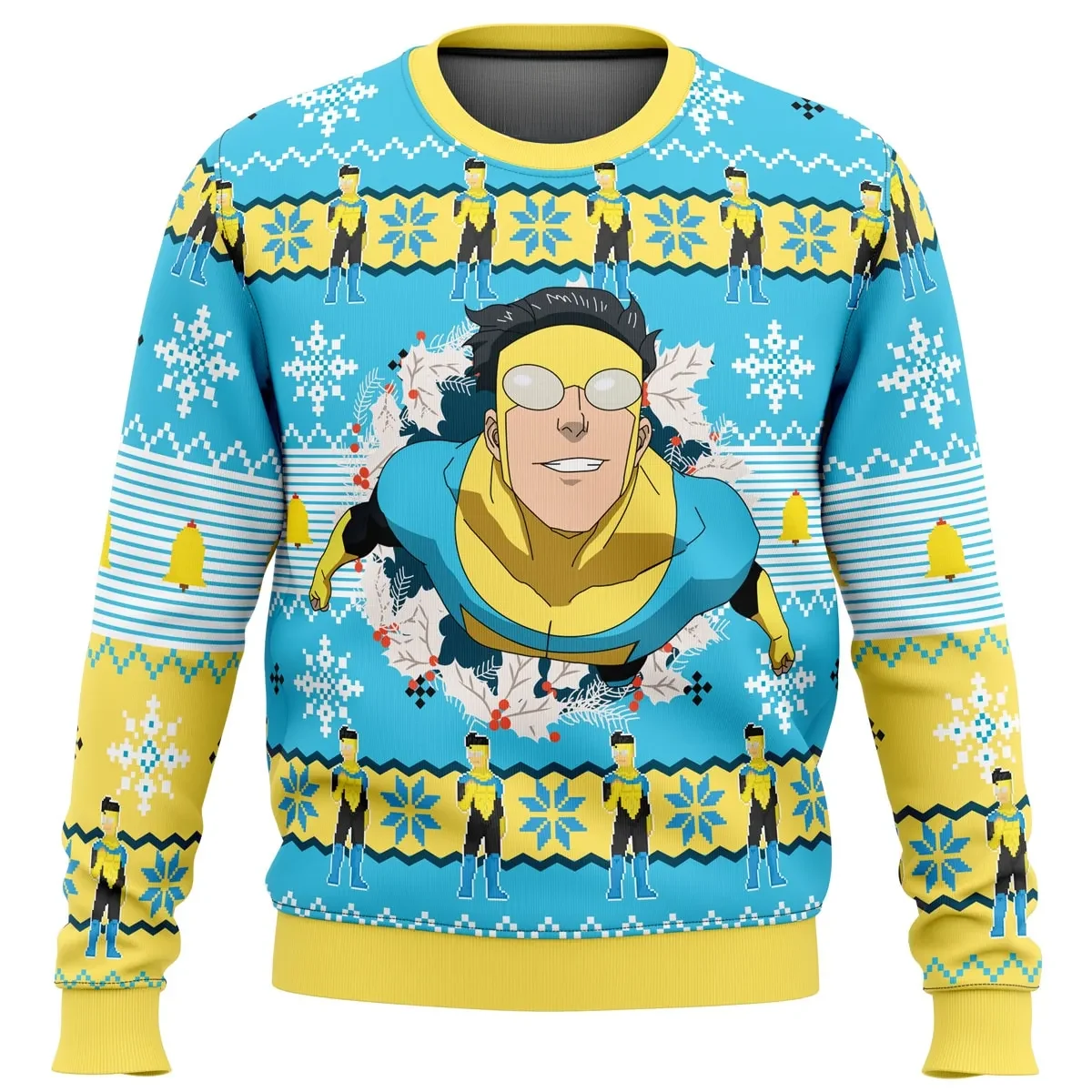 Invincible Ugly Christmas Sweater, Mark Grayson Superhero Holiday Sweater, Holly Wreath Comic Fan Xmas Gift, Unisex All Over Print Pullover