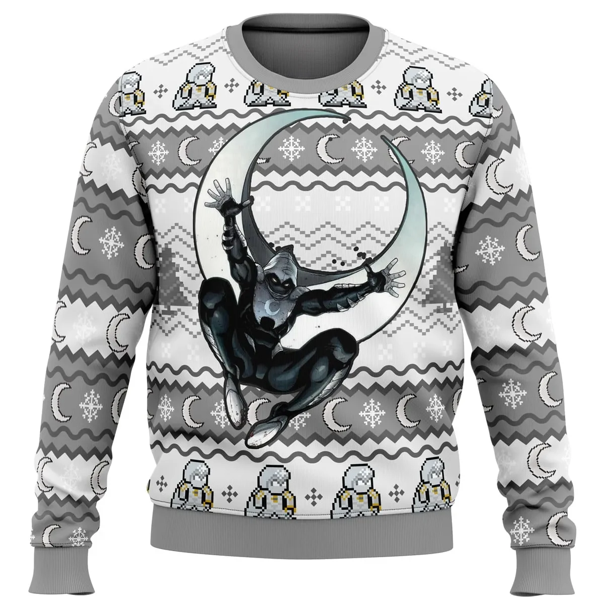 Moon Knight Ugly Christmas Sweater, Marvel Superhero Holiday Sweater, Crescent Moon Leap Design, Marvel Xmas Gift for Comic Fans