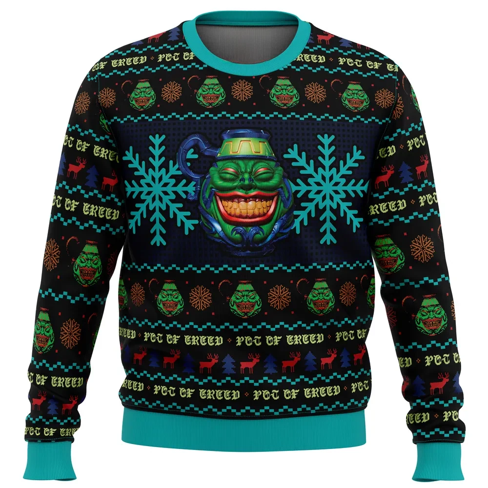 Pot Of Greed Yugioh Ugly Christmas Sweater, Yu-Gi-Oh Card Game Draw Two Holiday Sweatshirt, Unisex Anime Xmas Gift for Duelists