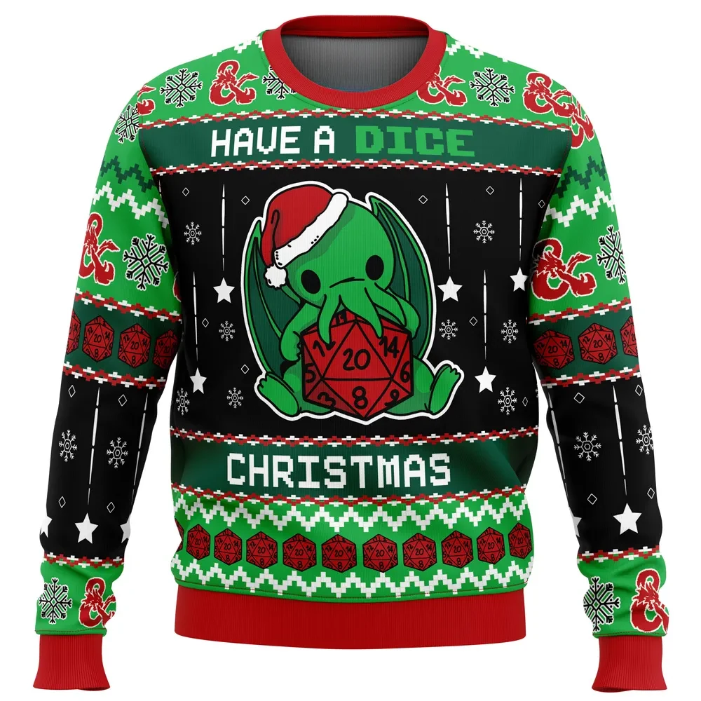 Cthulhu Have A Dice Christmas Dungeons and Dragons Ugly Christmas Sweater, D&D Gamer Holiday Sweater, Xmas Jumper
