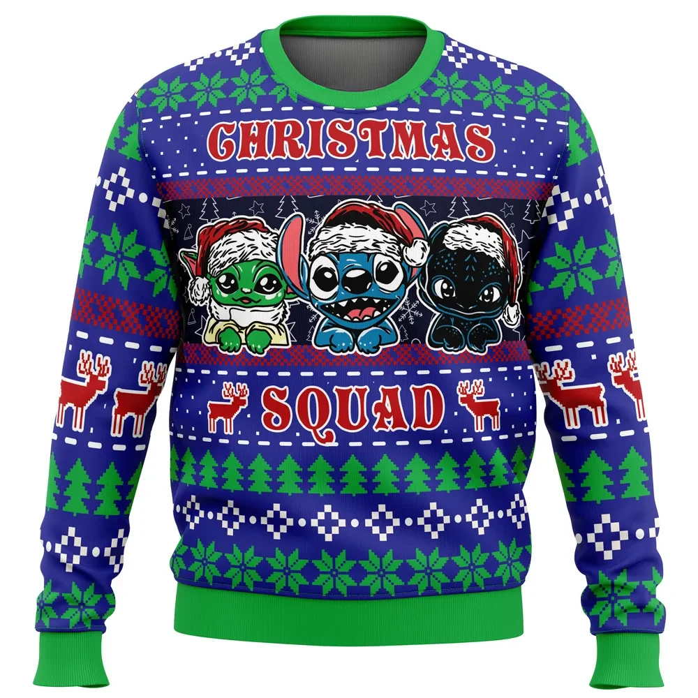 Christmas Squad Ugly Christmas Sweater, Baby Yoda Stitch Toothless Holiday Sweater, Grogu Santa Hat Trio, Cute Xmas Gift for Movie Fans