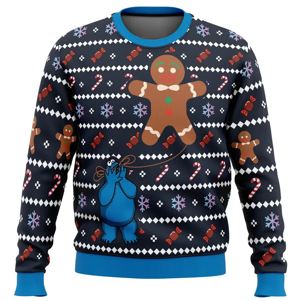 Ugly Cookie Monster Gingerbread Ugly Christmas Sweater, Sesame Street Holiday Sweater, Candy Cane Unisex Sweatshirt, Cartoon Xmas Gift