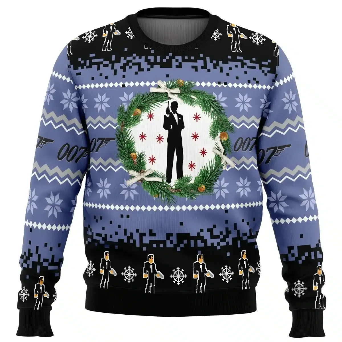 007 James Bond Ugly Christmas Sweater, Secret Agent Silhouette in a Pine Wreath Spy Movie Holiday Sweater, Classic Xmas Gift for Film Fans