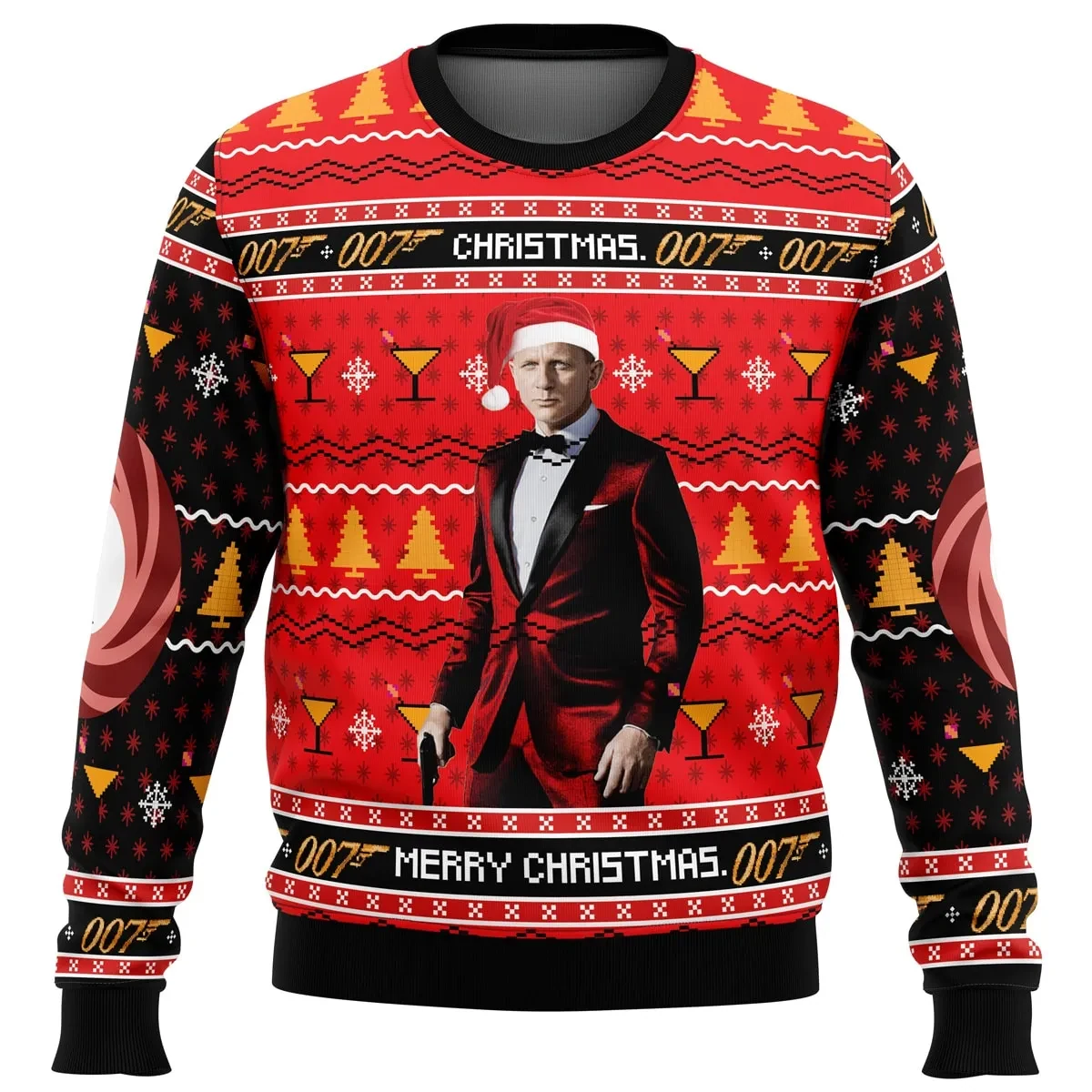 Merry Christmas 007 James Bond Ugly Christmas Sweater, Bond Movie Holiday Sweater with Martini Glasses, Spy Movie Xmas Party Gift, Pullover