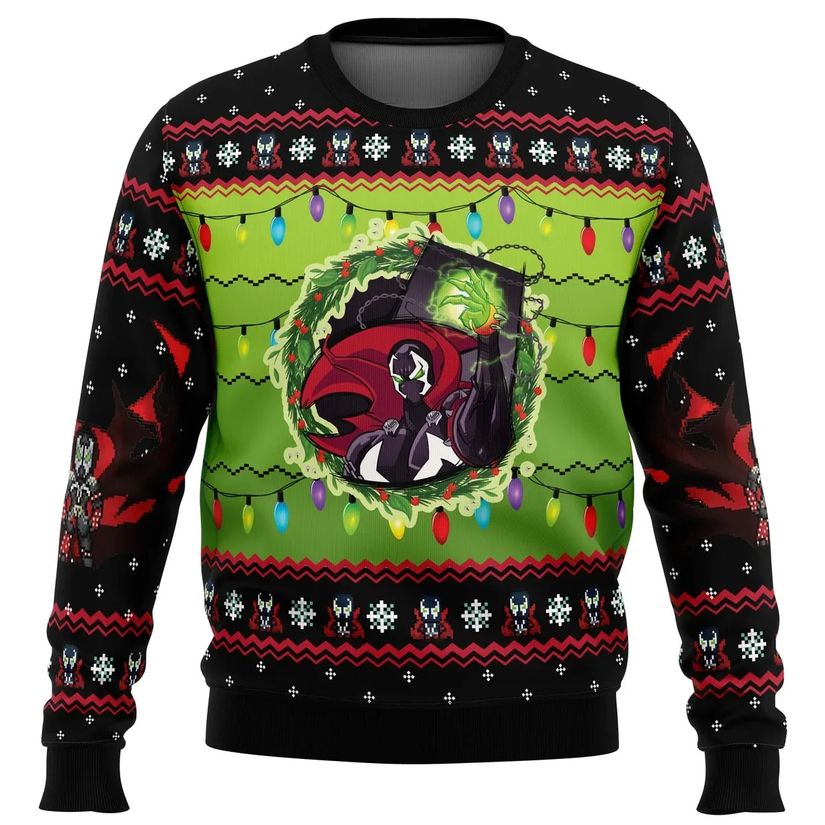 Spawn Ugly Christmas Sweater, Spawn Comic Holiday Sweater with Christmas Wreath and String Lights, Superhero Xmas Gift, Unisex Pullover