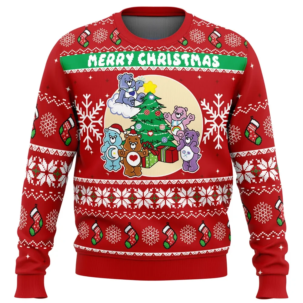 Merry Christmas Care Bears Ugly Christmas Sweater, Care Bears Tree Decorating Holiday Sweatshirt, Retro Cartoon Xmas Gift for Kids at Heart