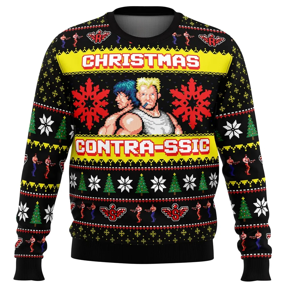 Christmas Contra-ssic Contra Ugly Christmas Sweater, Bill and Lance Retro Video Game Holiday Sweater, Unisex Xmas Sweatshirt, Gamer Xmas Gift