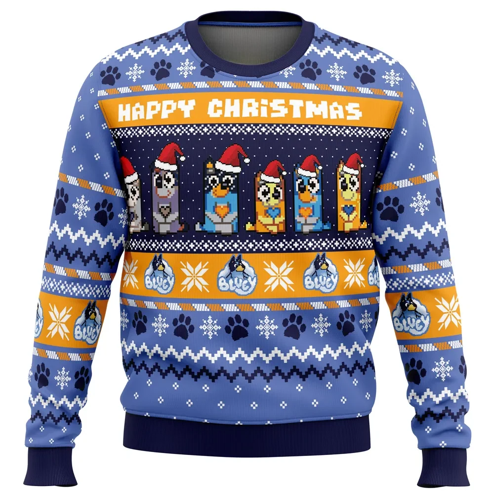 Happy Christmas Bluey Ugly Christmas Sweater, Bluey Family Holiday Sweater, Heeler Dogs in Santa Hats Unisex Sweatshirt, Cartoon Xmas Gift
