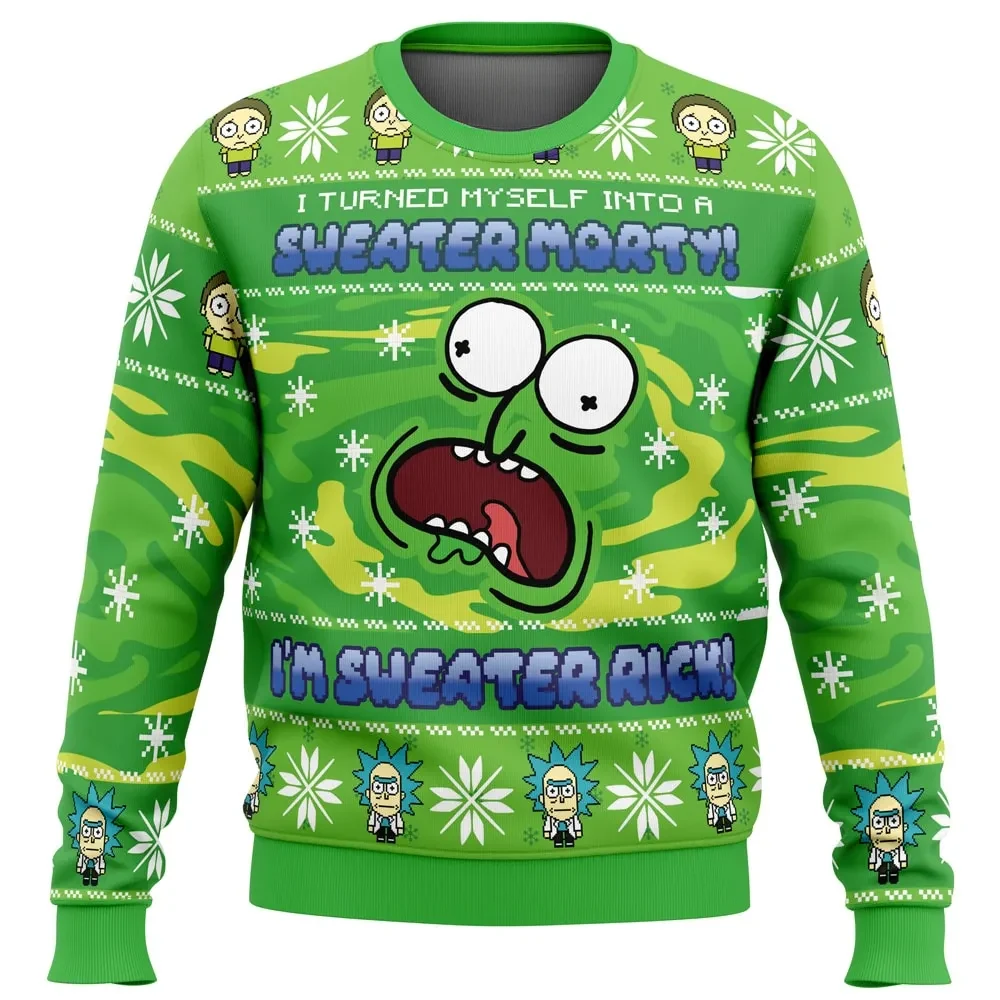Sweater Rick Ugly Christmas Sweater, Rick and Morty Holiday Sweater, I Turned Myself Into a Sweater Quote Sweatshirt, Funny Cartoon Xmas Gift