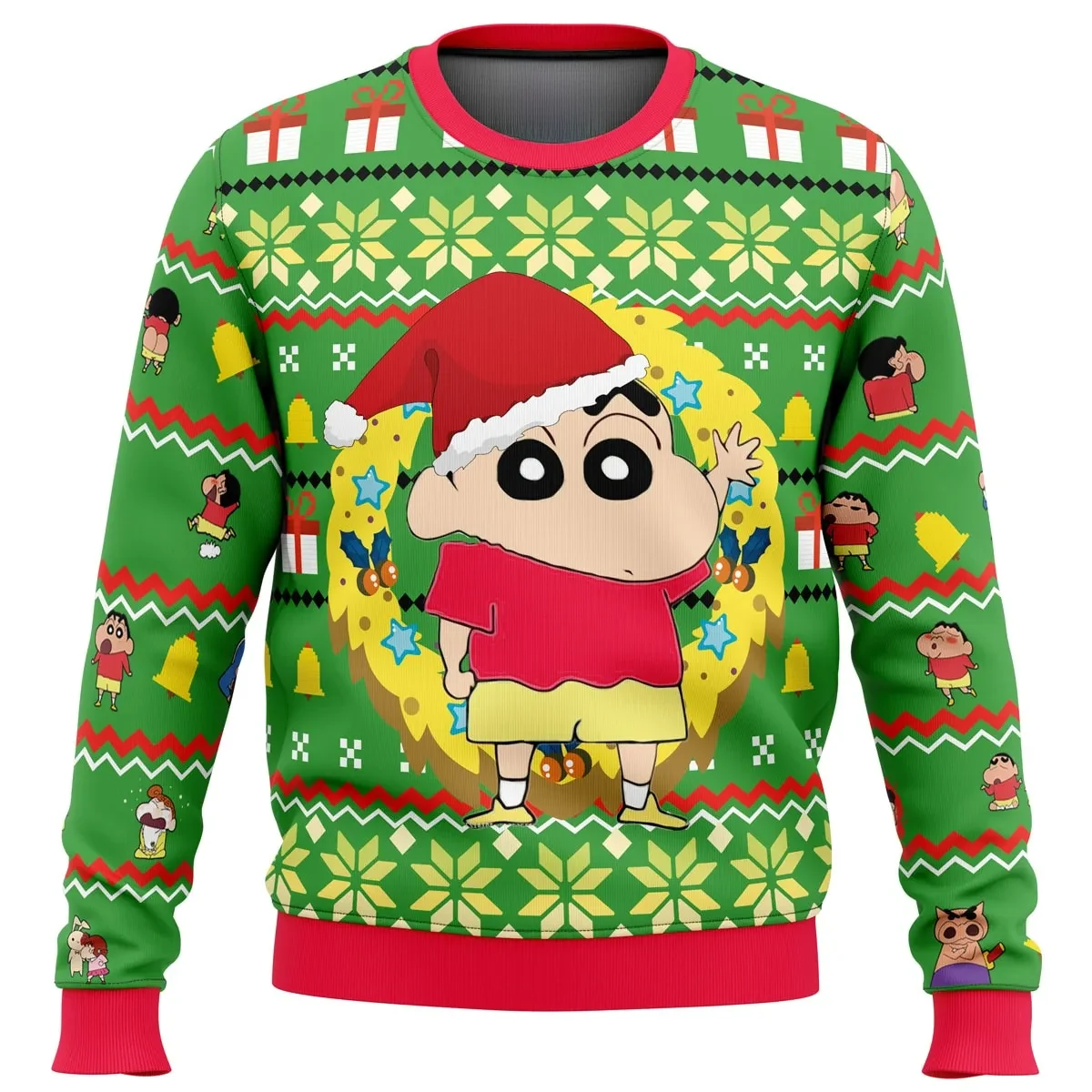 Santa Shinnosuke Crayon Shin-chan Ugly Christmas Sweater, Shin-chan Holiday Sweater, Nohara Family on Back, Anime Xmas Gift for Manga Fans