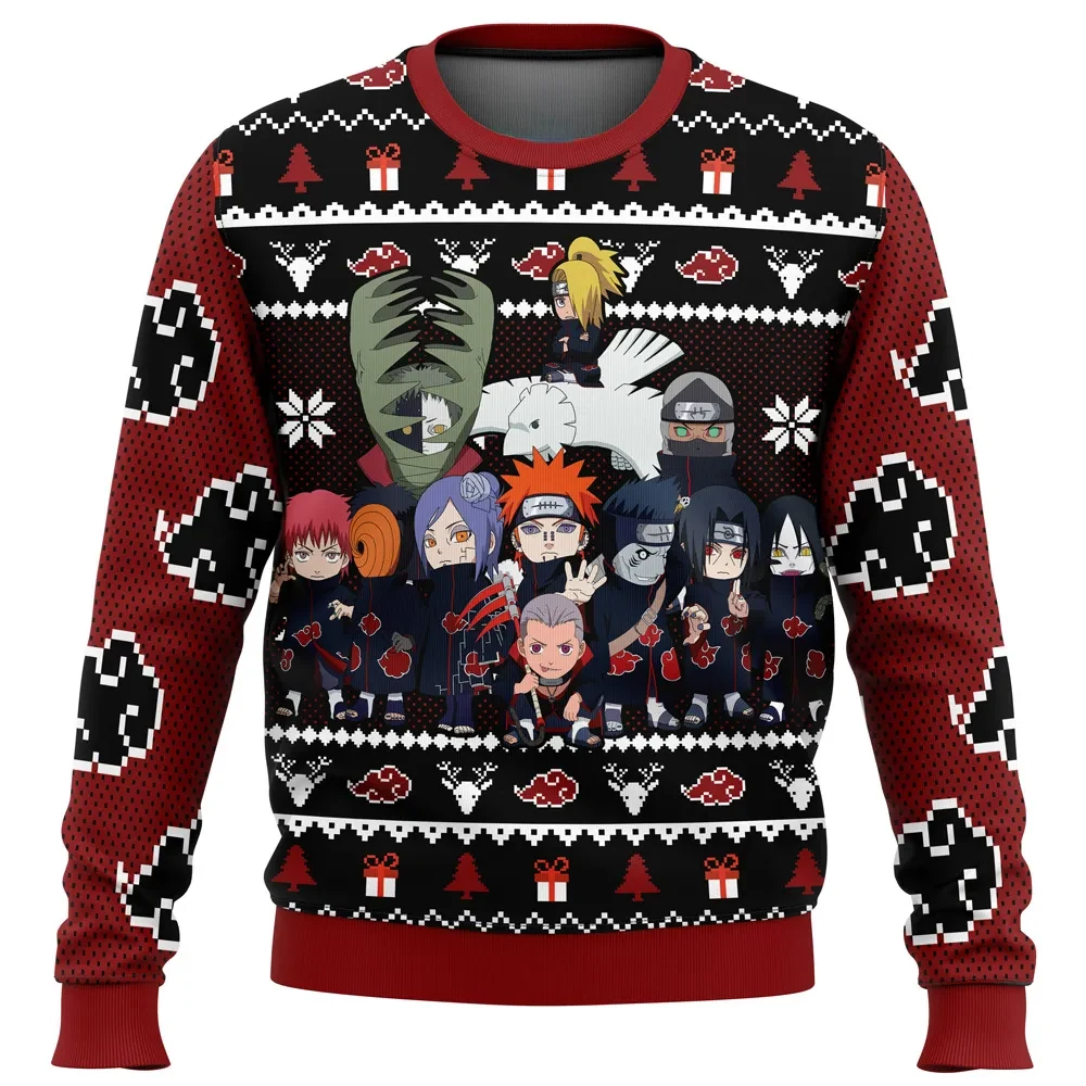 Chibi Akatsuki V2 Naruto Shippuden Ugly Christmas Sweater, Akatsuki Members Anime Holiday Sweatshirt, Red Cloud Unisex Xmas Gift for Fans