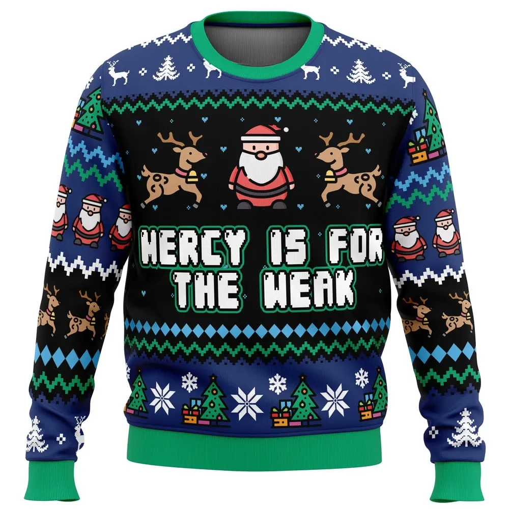 Mercy Is for the Weak Santa Ugly Christmas Sweater, Funny Karate Holiday Sweater, Pixel Santa and Reindeer Unisex Sweatshirt, Dojo Xmas Gift